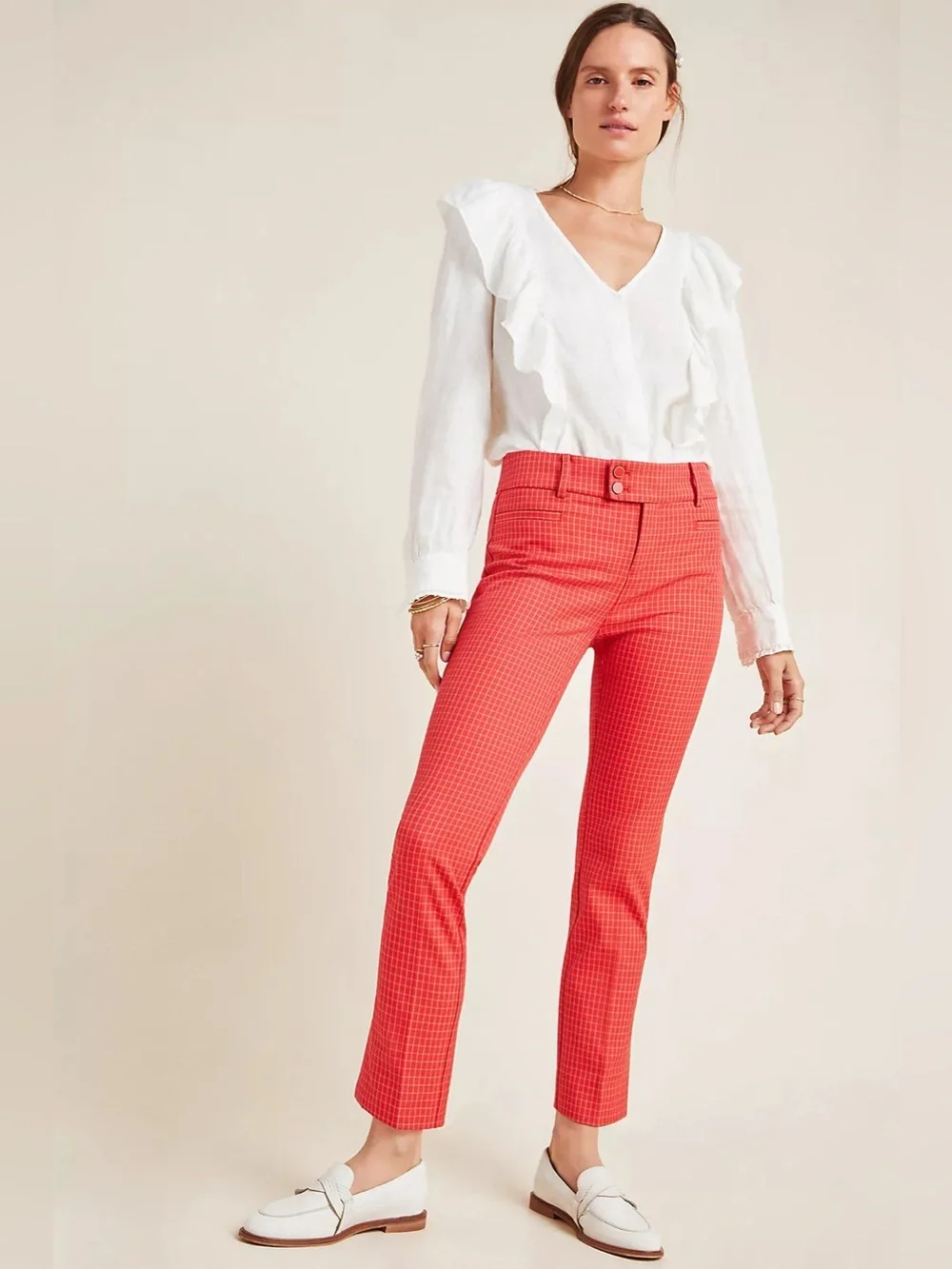Anthropologie The Essential Slim Pants Size 6 Red Gingham Plaid Grid Pattern